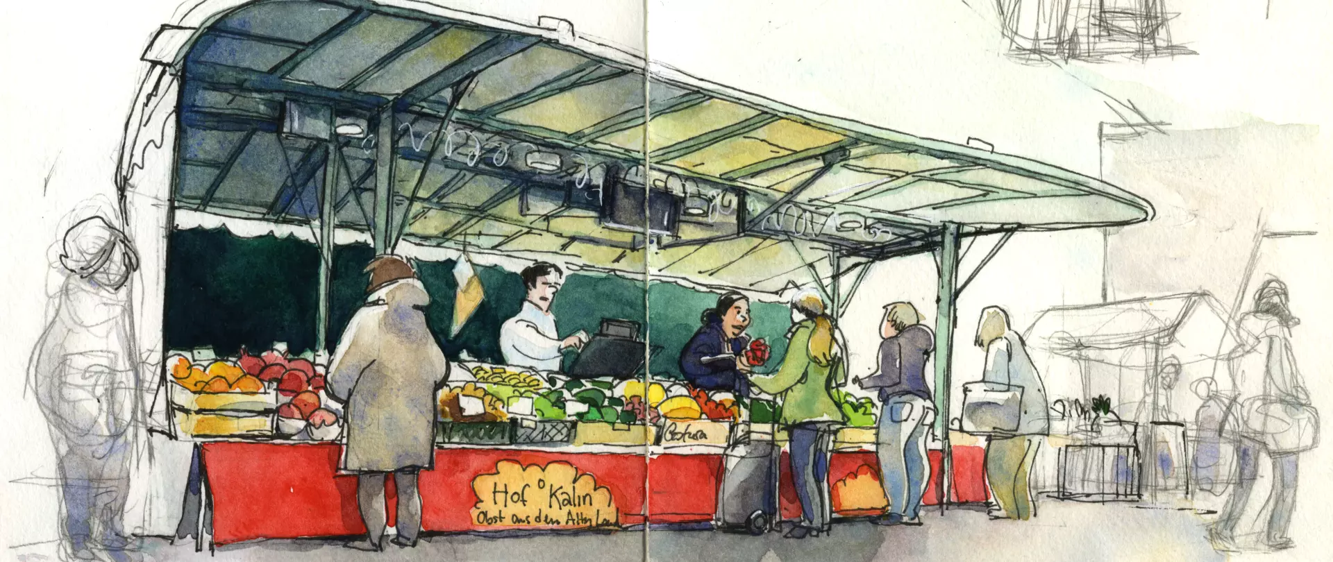 Aquarellskizze eines belebten Wochenmarktstands mit Menschen beim Einkaufen, frischem Obst und Gemüse, von Nicola Maier Reimer