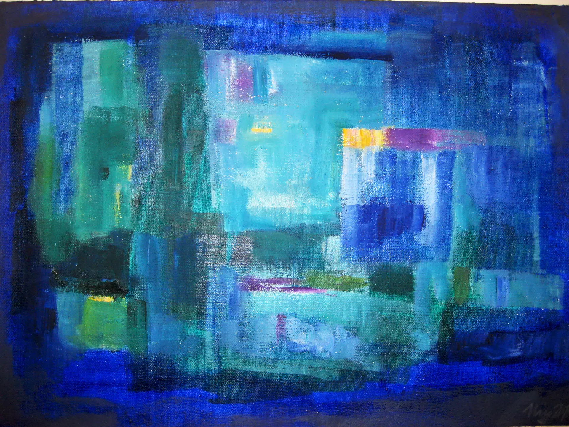 Blaugrüne Farbwelten – Abstrakte Flächenmalerei Kühle Farbtöne in Blau, Türkis und Grün vereinen sich zu einer abstrakten Bildstruktur – moderne Acrylkunst mit Tiefe. von artistravel Dozenten Nikolaus Hipp
