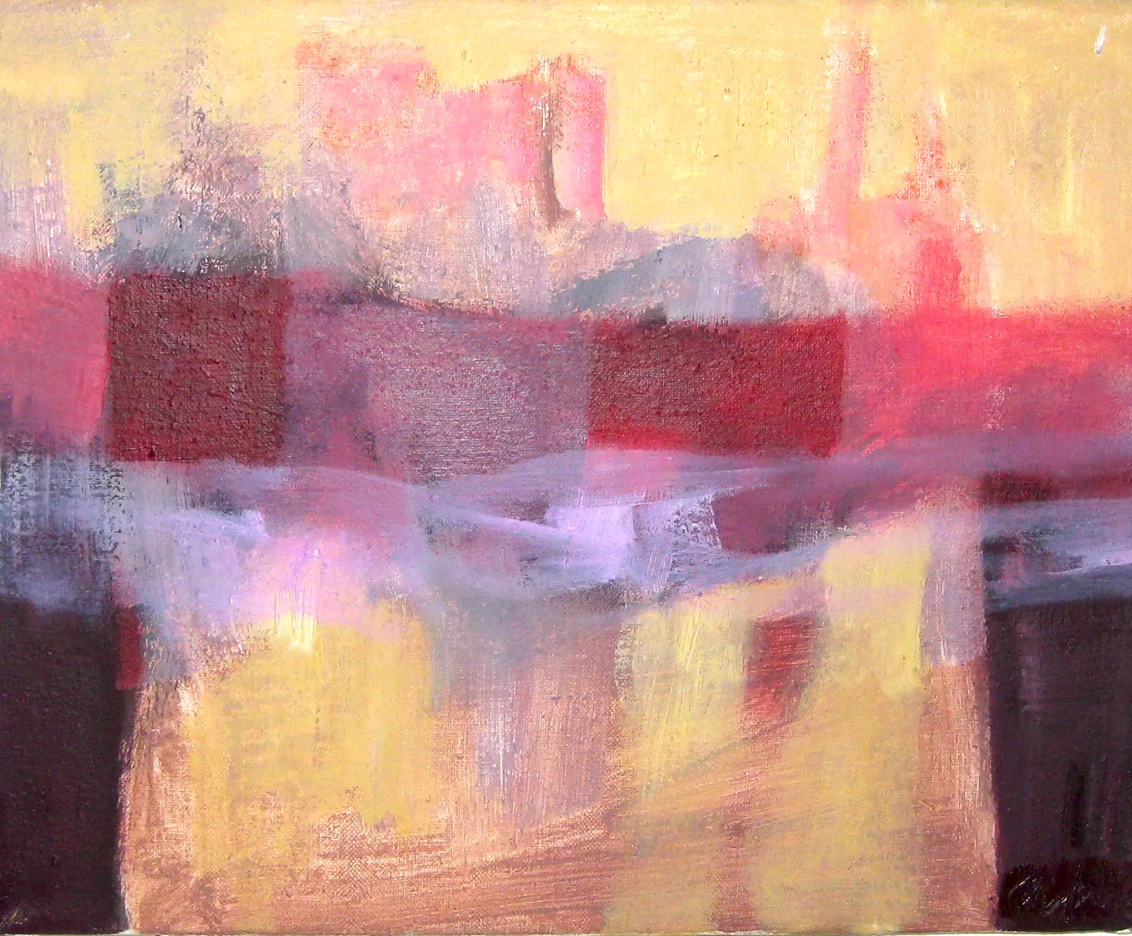 Abstrakte Komposition in Rot und Gelb – Farbflächenmalerei Abstraktes Acrylgemälde mit kräftigen Farbflächen in Rot, Gelb, Rosa und Violett – geometrisch anmutende Komposition mit lebendiger Tiefenwirkung. von artistravel Dozenten Nikolaus Hipp