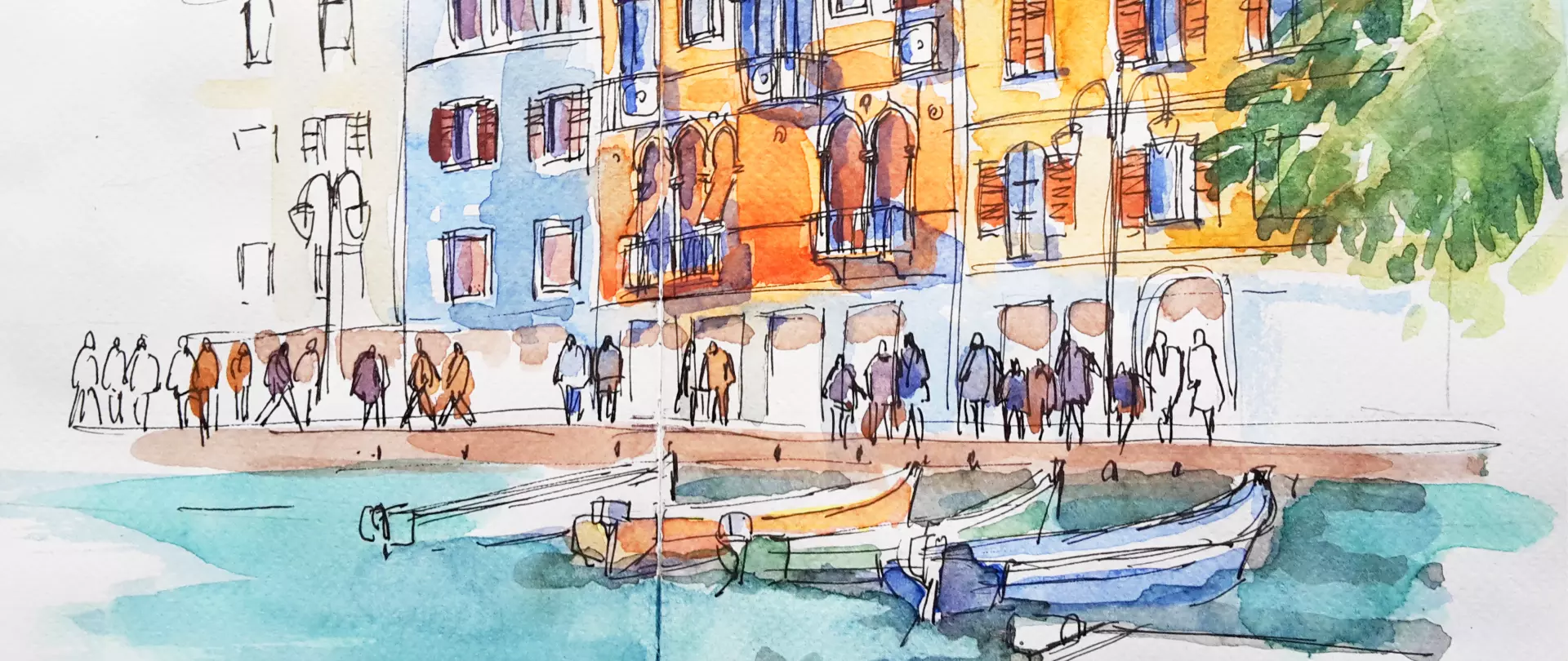 Farbenfrohe Skizze einer mediterranen Uferpromenade mit vielen Passanten, gezeichnet von Peter Koch – Dozent bei artistravel.