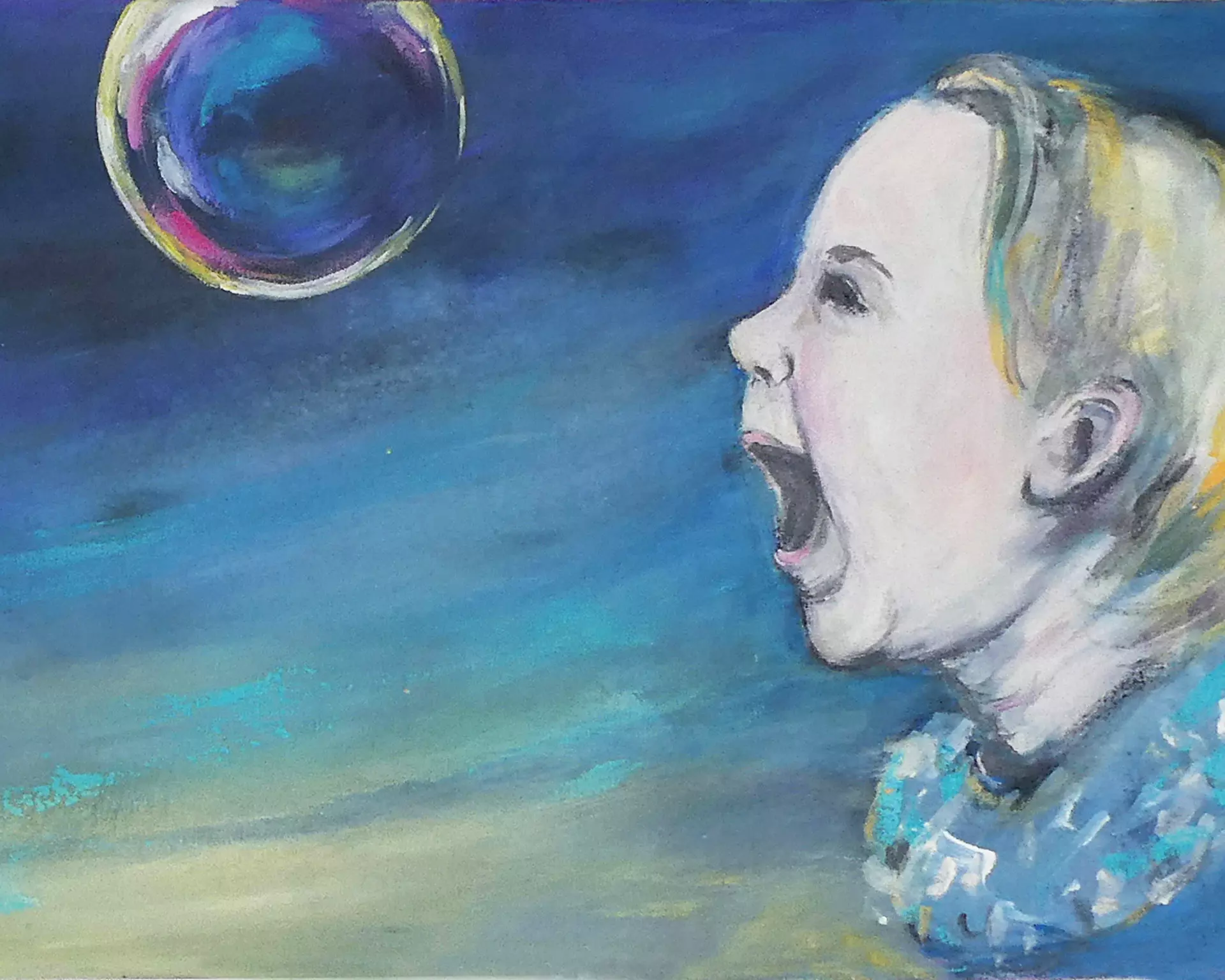 Kind mit Seifenblase Kind mit offenem Mund vor einer Seifenblase auf blauem Hintergrund, gemalt von Renate Linnemeier – Dozentin bei artistravel