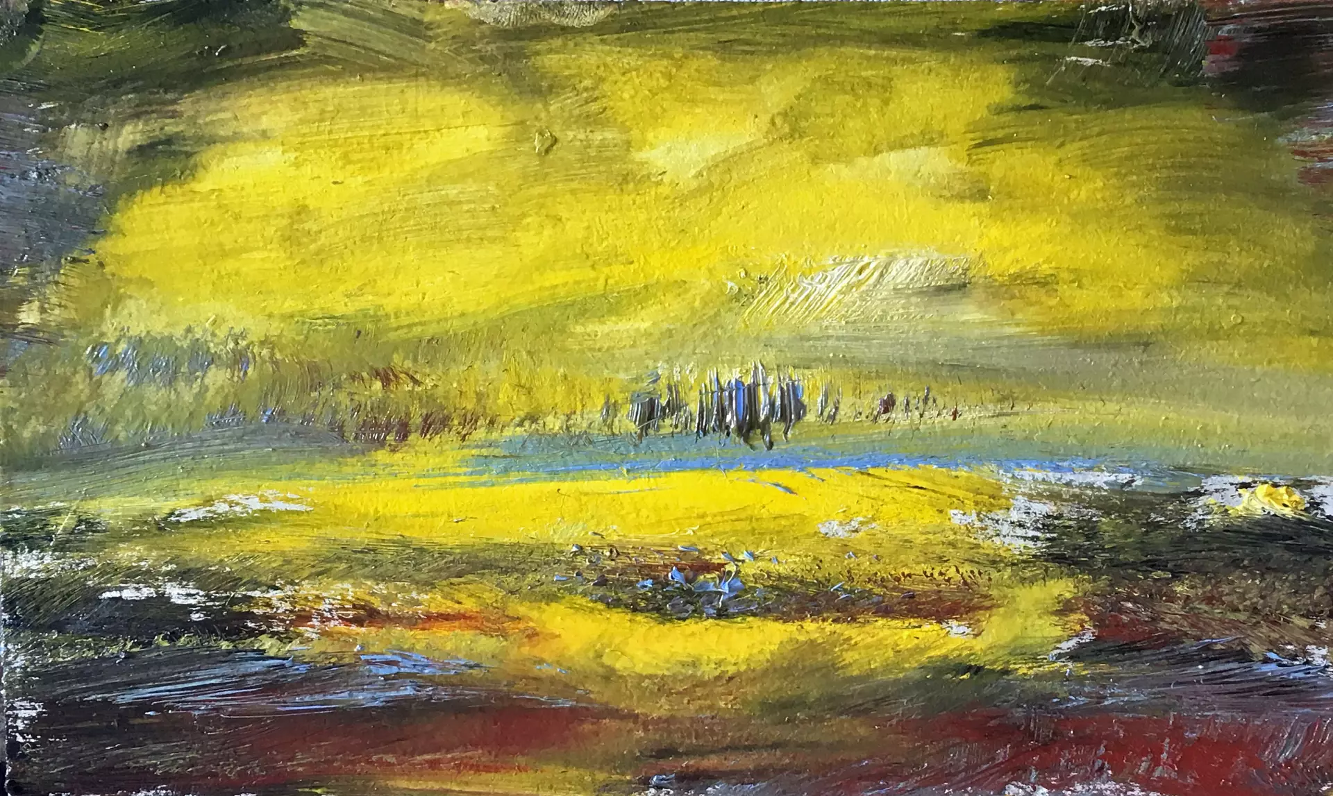 Leuchtende Felder Abstrakte Felder in Gelb und Grün mit Horizontlinie, gemalt von Renate Linnemeier – Dozentin bei artistravel