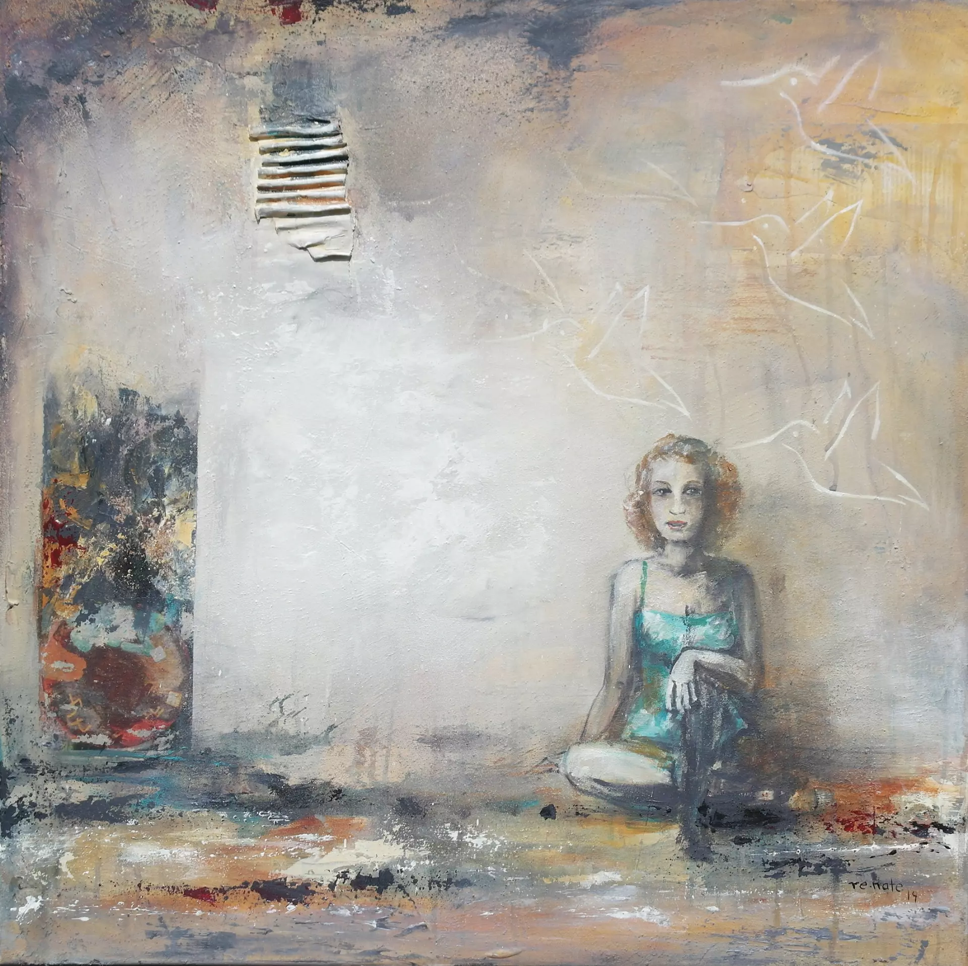Mädchen an der Wand Figur eines Mädchens vor heller, strukturierter Wand, gemalt von Renate Linnemeier – Dozentin bei artistravel