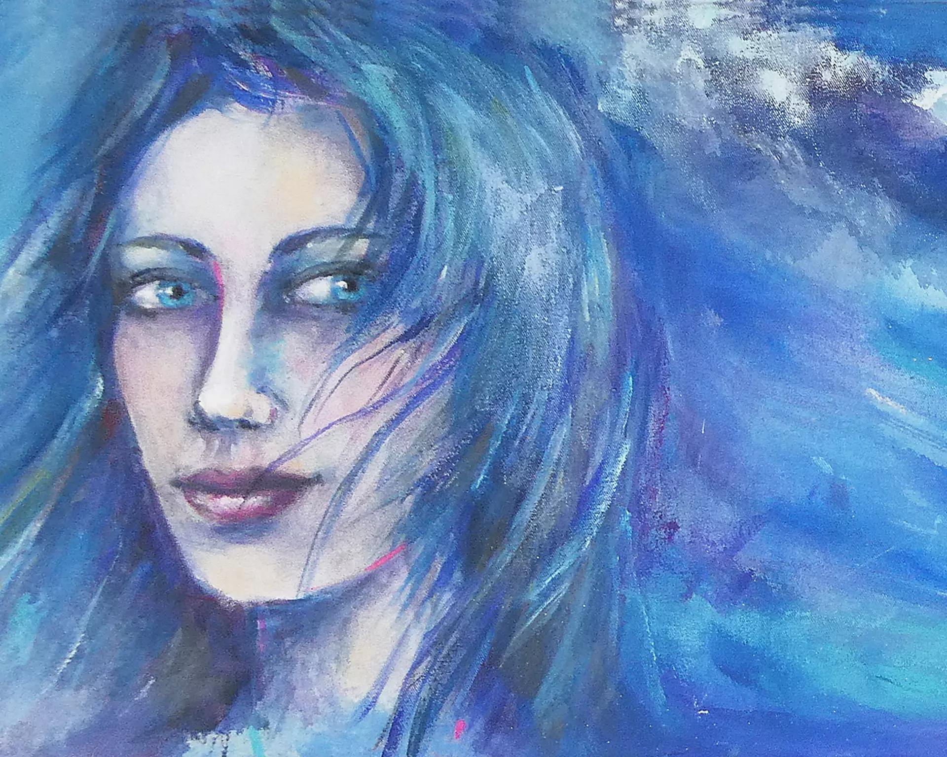 Blaue Frau Porträt einer Frau mit intensiv blauem Haar und nachdenklichem Blick, gemalt von Renate Linnemeier – Dozentin bei artistravel