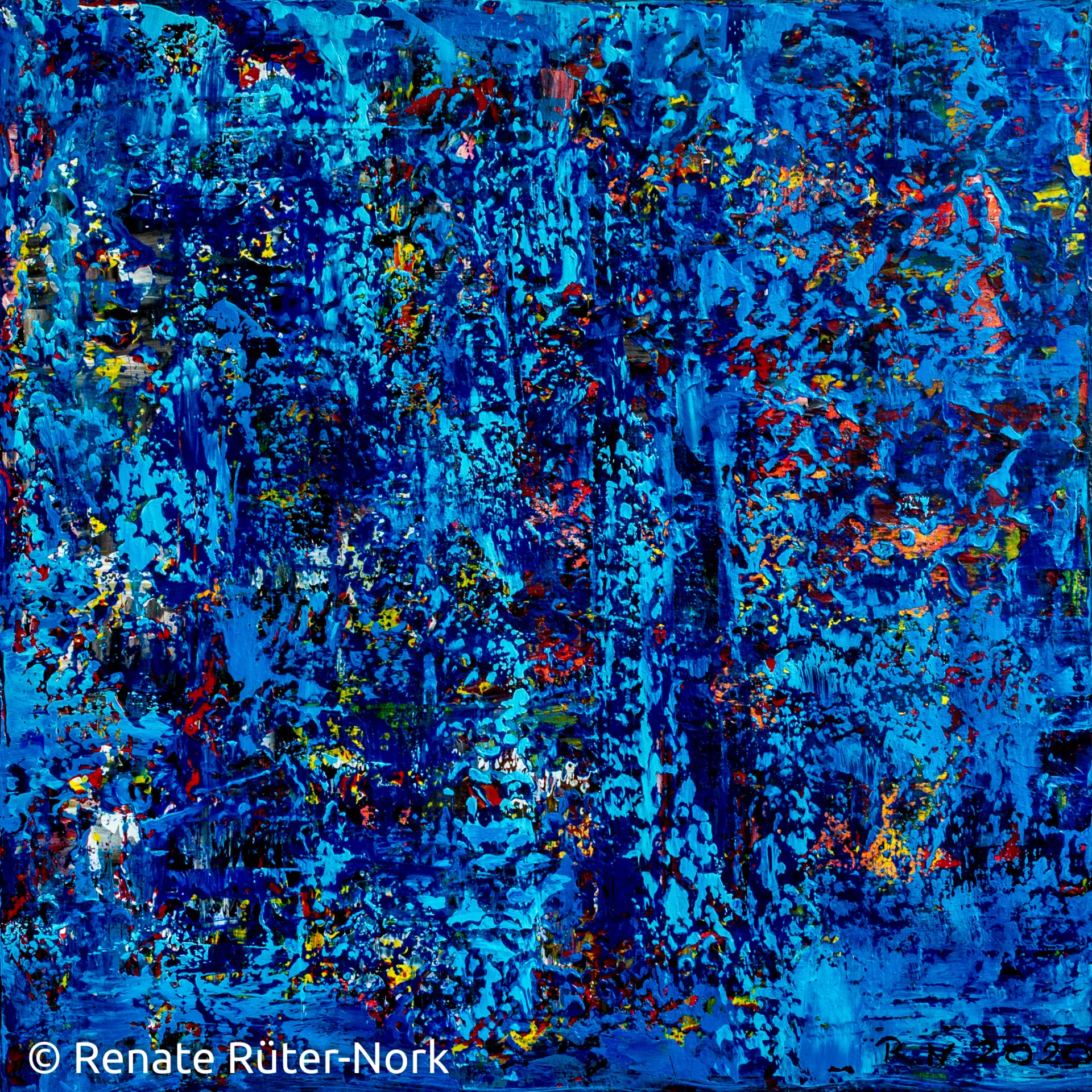 Blau in Bewegung – atmosphärisches Arbeiten mit Acryl Strukturiertes Acrylgemälde in leuchtendem Blau mit feinen Farbakzenten, von Renate Rüter-Nork – Dozentin bei artistravel