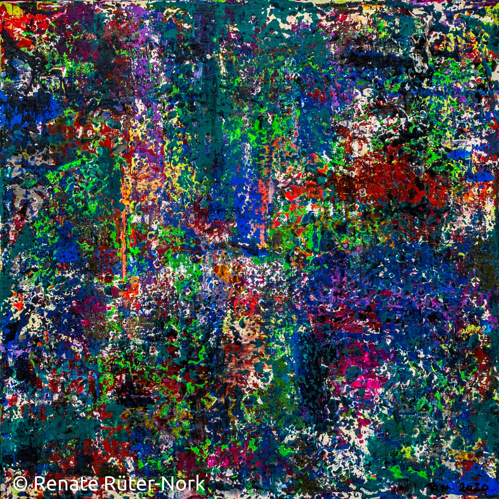 Farben im Fluss – abstrakte Acryltechniken Buntes, strukturiertes Acrylbild mit Blau, Grün und Rot, erstellt von Renate Rüter-Nork – Dozentin bei artistravel