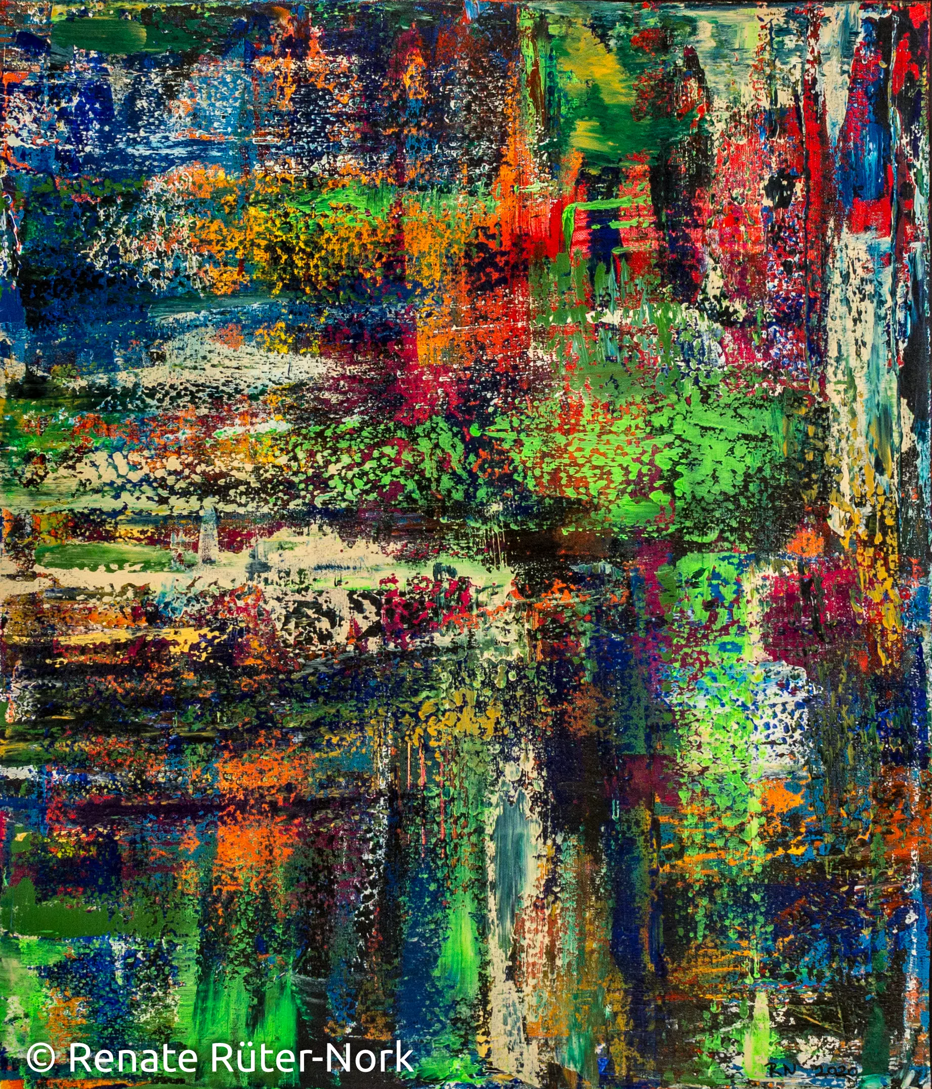 Abstraktion und Tiefe – experimentelles Malen mit Acryl Mehrschichtiges Acrylbild mit intensiven Farben und vertikalen Linien, von Renate Rüter-Nork – Dozentin bei artistravel