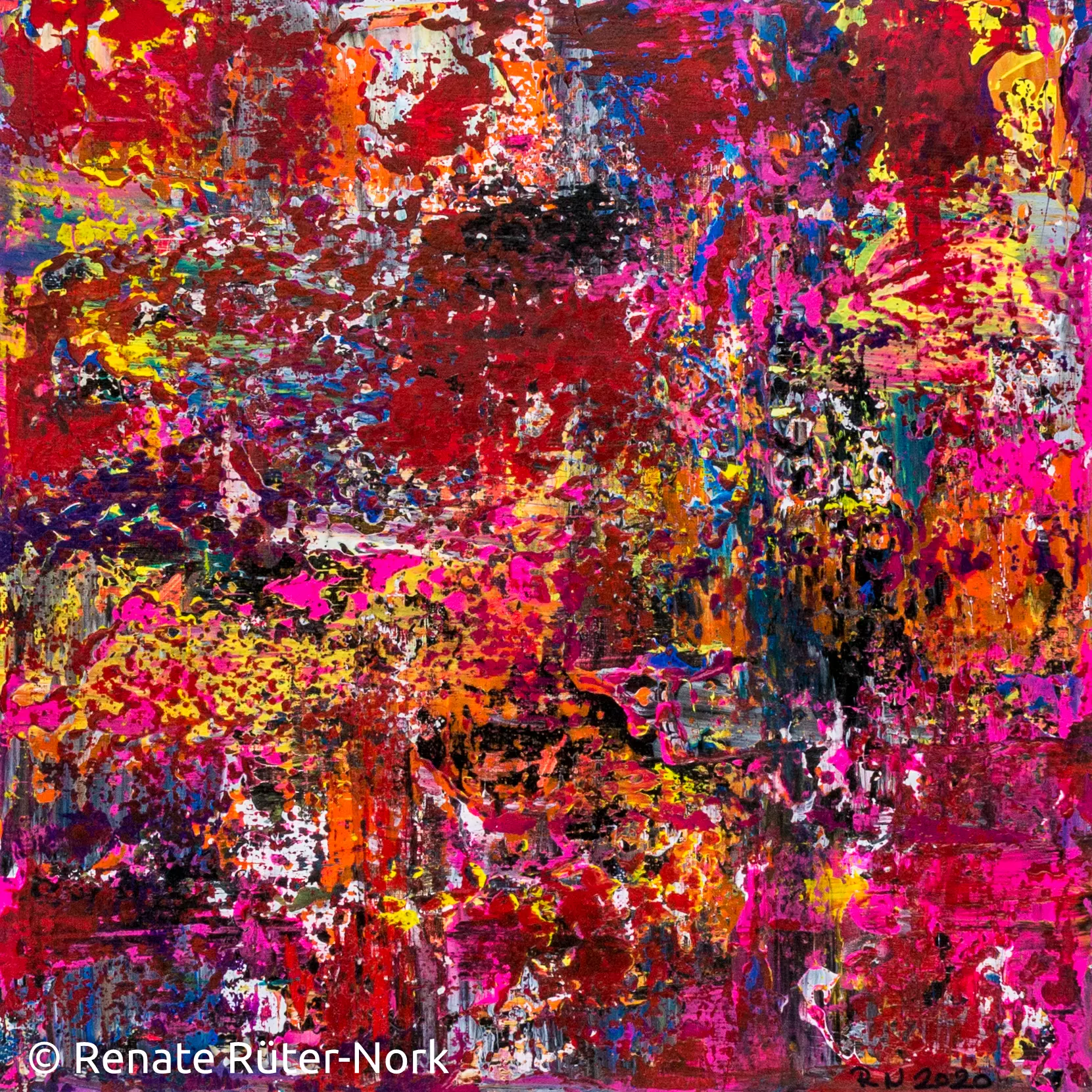 Kraft der Farben – intuitive Malerei in Acryl Farbstarkes Acrylgemälde in Pink, Rot und Gelb mit dichter Textur, von Renate Rüter-Nork – Dozentin bei artistravel