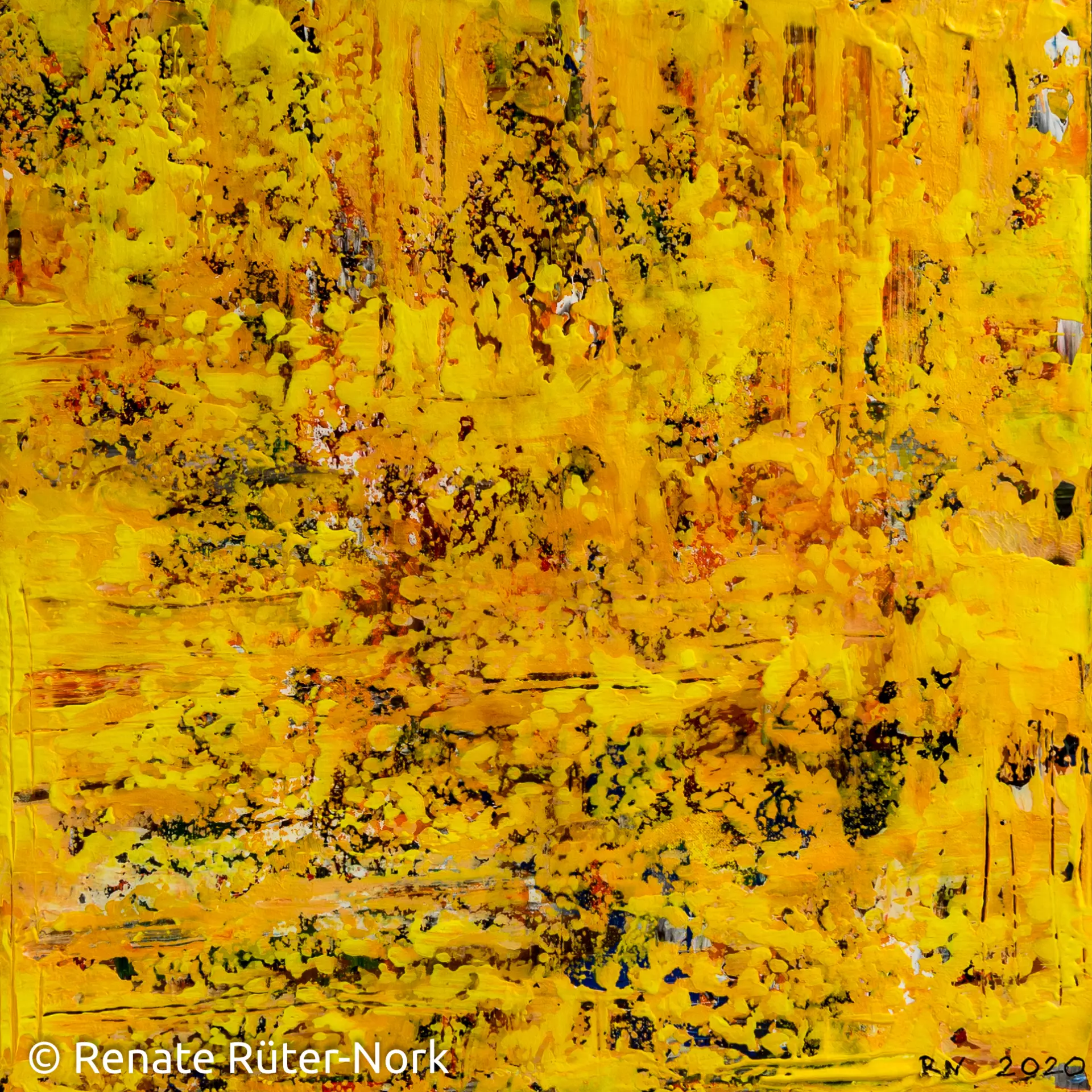 Strukturen sichtbar machen – mit Farbe experimentieren Acrylgemälde mit dominanter Gelb-Orange-Fläche und feinen Strukturen, von Renate Rüter-Nork – Dozentin bei artistravel