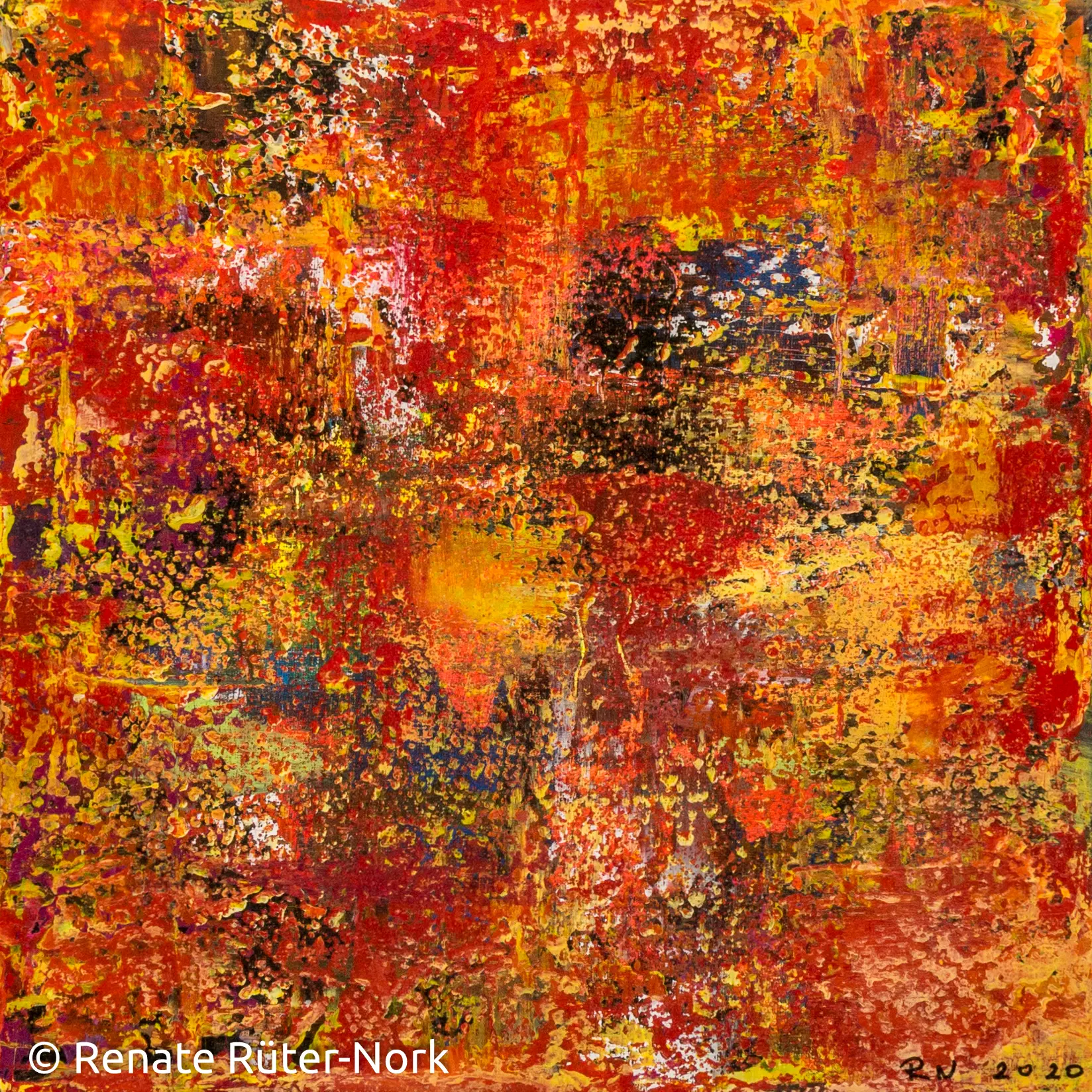 Leuchtende Farbwelten – expressives Malen mit Acryl Leuchtendes Acrylbild in Orange- und Rottönen mit dynamischer Textur, von Renate Rüter-Nork – Dozentin bei artistravel