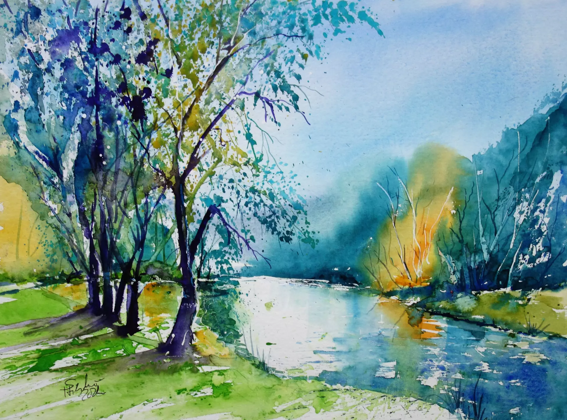 Aquarell: Flusslauf mit Bäumen Lebendige Aquarelllandschaft mit spiegelndem Fluss, Bäumen im Gegenlicht und intensivem Farbspiel – von artistravel Dozentin Sabine Hilscher