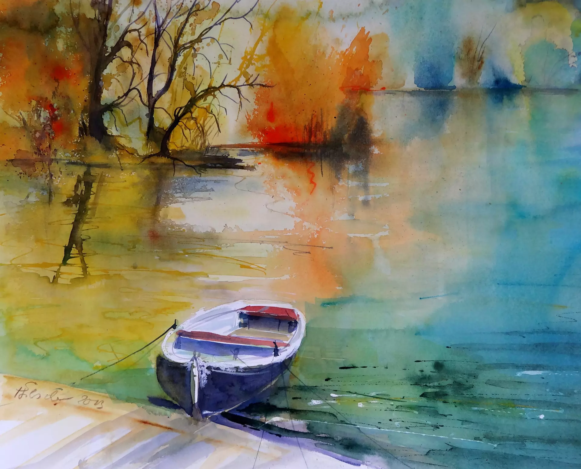 Aquarell: Ruderboot am Ufer im goldenen Herbstlicht Stimmungsvolles Aquarell mit kleinem Boot am Seeufer, herbstlichen Farben und Spiegelungen im Wasser – von artistravel Dozentin Sabine Hilscher