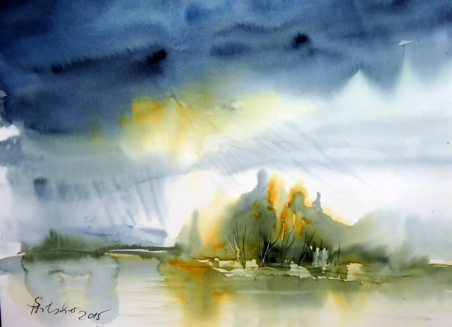 Aquarell: Weite Landschaft unter dramatischem Himmel Atmosphärisches Landschaftsaquarell mit weitläufigem Himmel, nebliger Ferne und goldenen Büschen im Vordergrund – von artistravel Dozentin Sabine Hilscher
