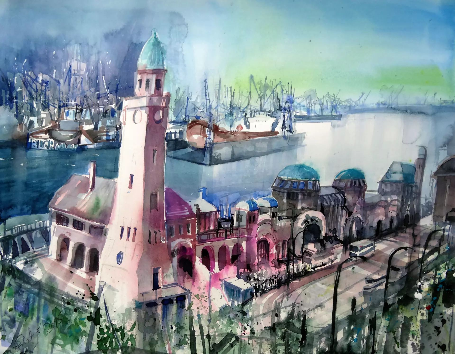 Aquarell: Hafenstadt mit Leuchtturm – Urbanes Motiv in Aquarelltechnik Detailreiche Hafenszene mit historischer Architektur, Leuchtturm und Schiffen in intensiven Farben – von artistravel Dozentin Sabine Hilscher