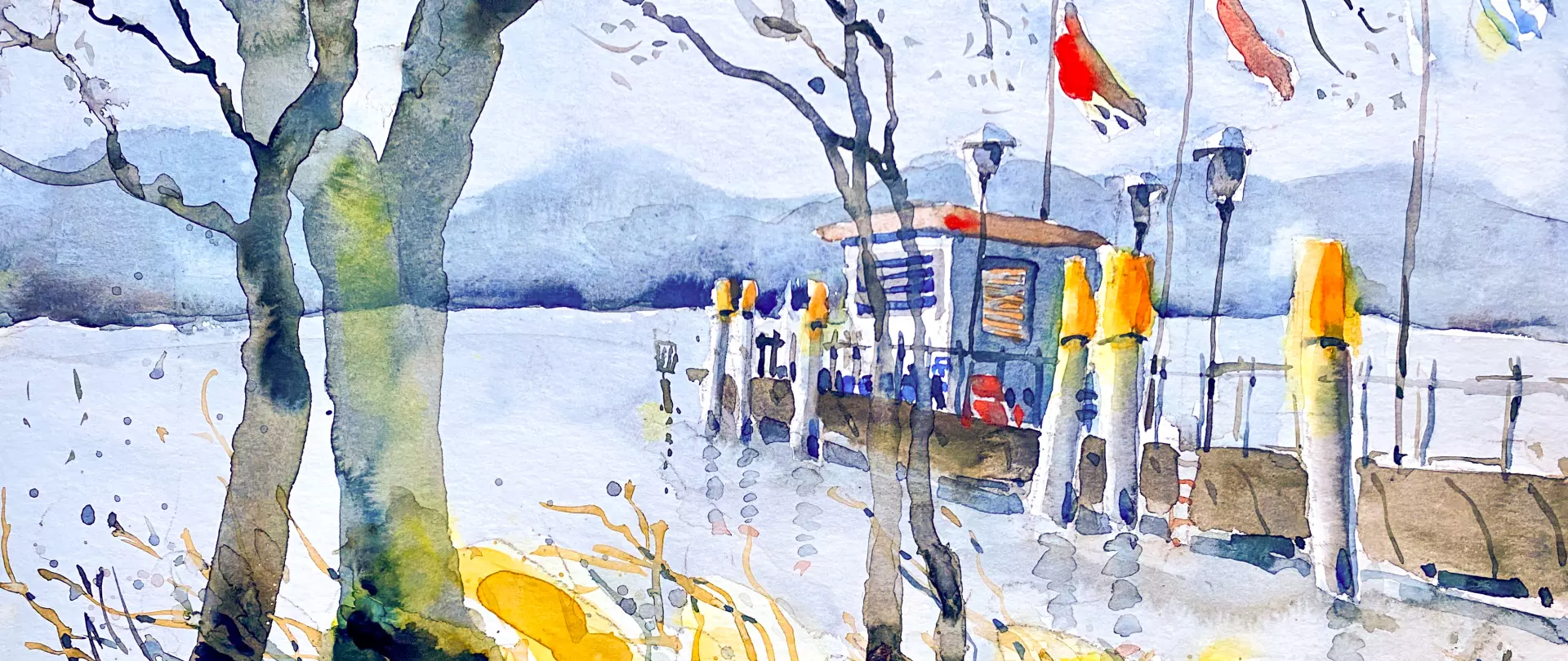 Wasserfarbenaquarell von Sabine Nögel zeigt einen ruhigen Steg mit Boot, Bäumen im Vordergrund und sanften Farben, die eine poetische Seenlandschaft darstellen