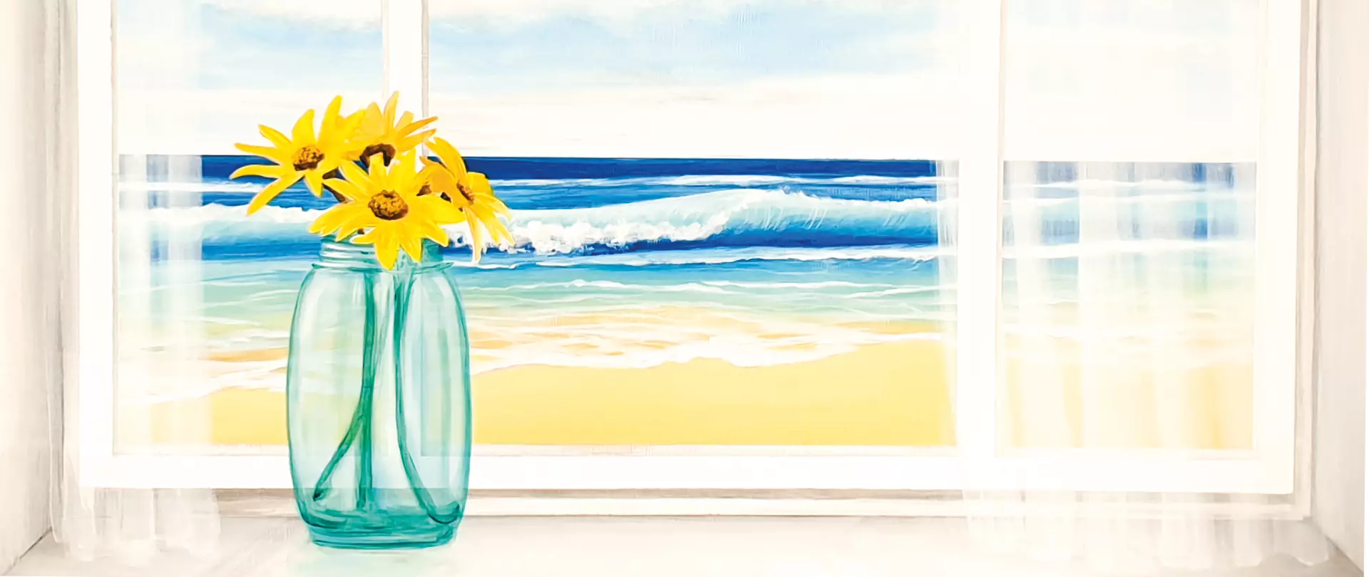 Täuschend realistische Darstellung von Strand, Meer und Sonnenblumen in Glasvase vor Fenster von Silke Bryant