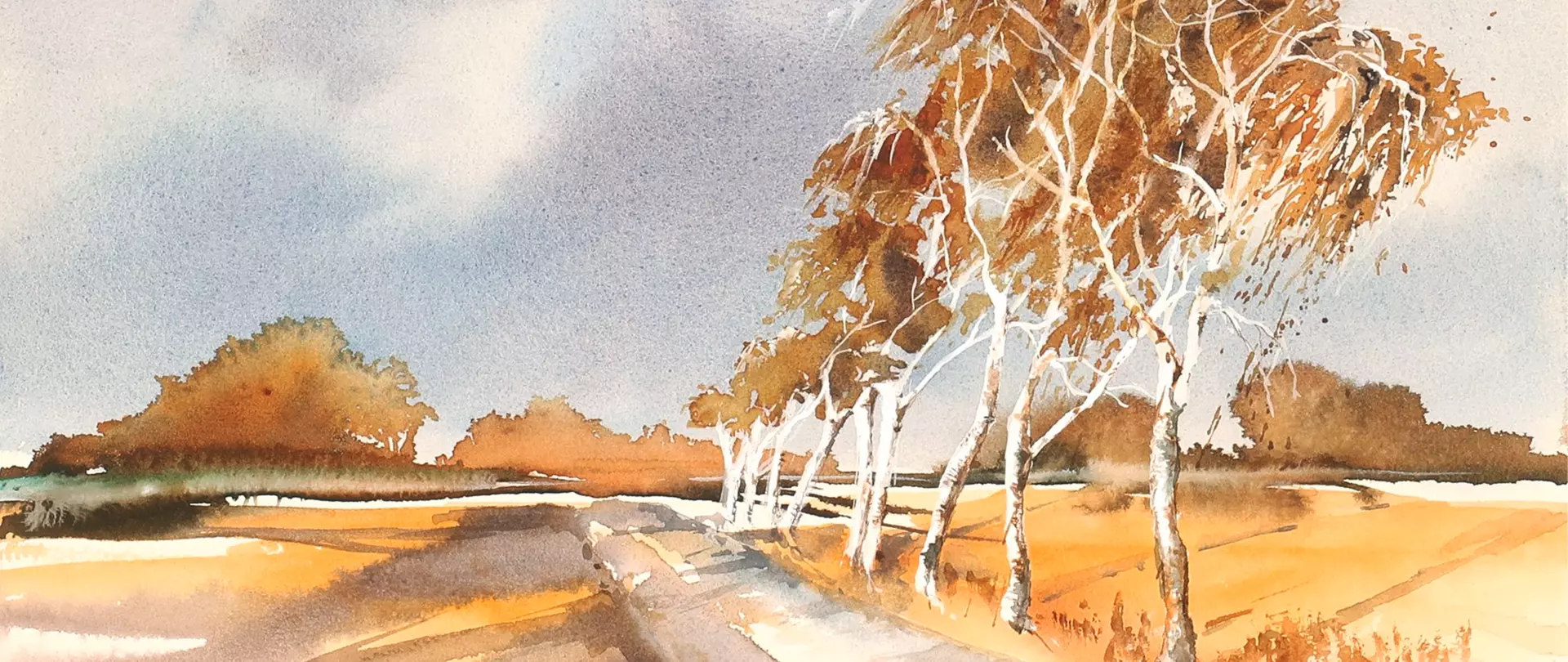 Aquarell einer herbstlichen landschaft mit orangenen Bäumen, gemalt von Susanne Hohaus – Dozentin bei artistravel.