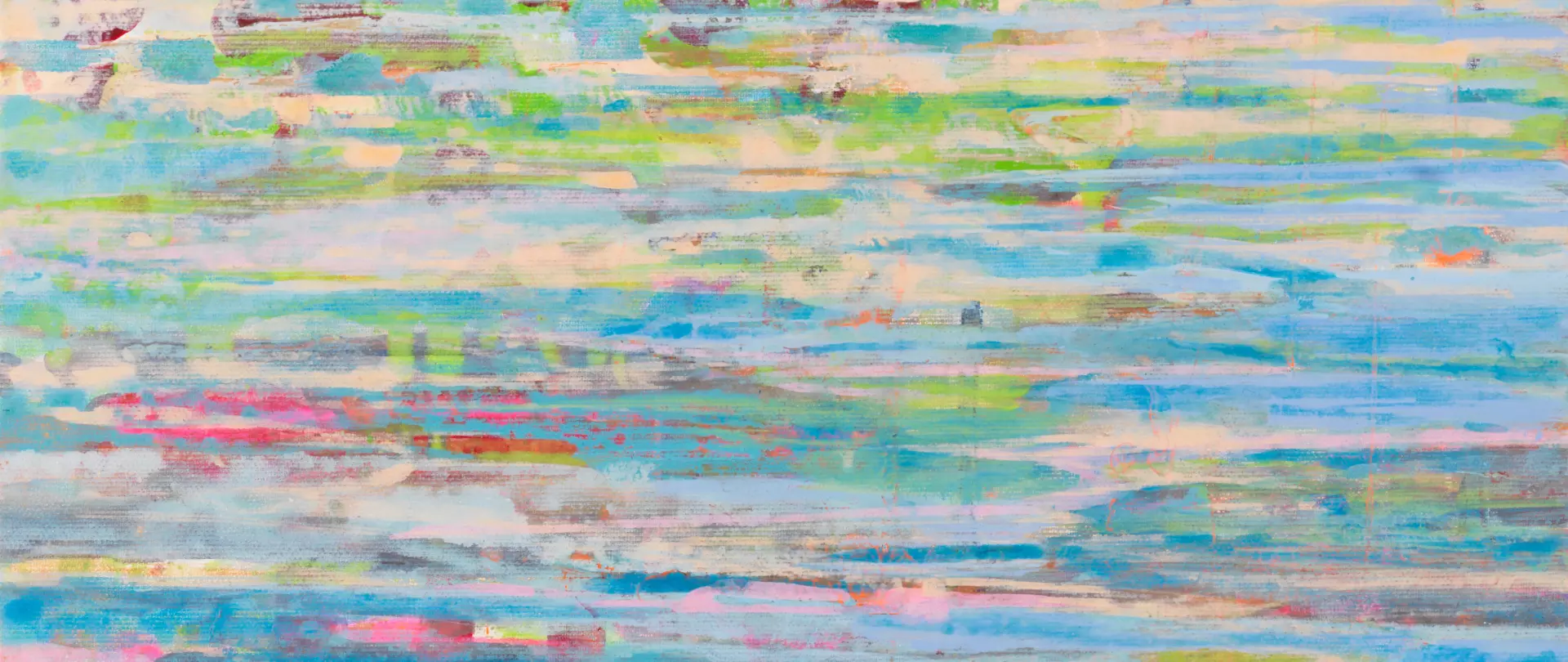 Abstraktes Acryl-Gemälde in horizontalen Farbschichten mit Blau-, Grün- und Rosatönen, gemalt von artistravel Dozentin Susanne Maurer