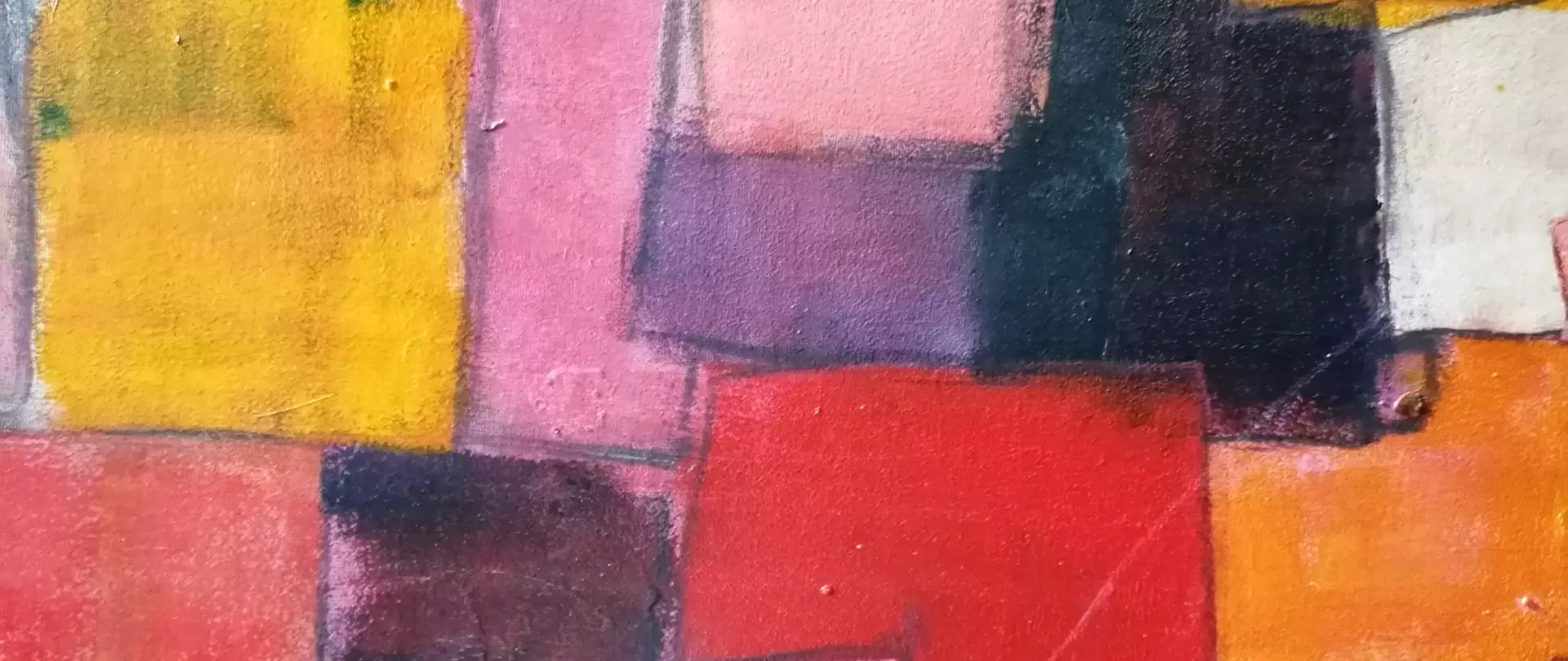 Abstraktes Acrylgemälde mit bunten, rechteckigen Farbflächen in Gelb, Pink, Rot und Violett, gemalt von Susanne Schwartinsky-Probst – Dozentin bei artistravel.