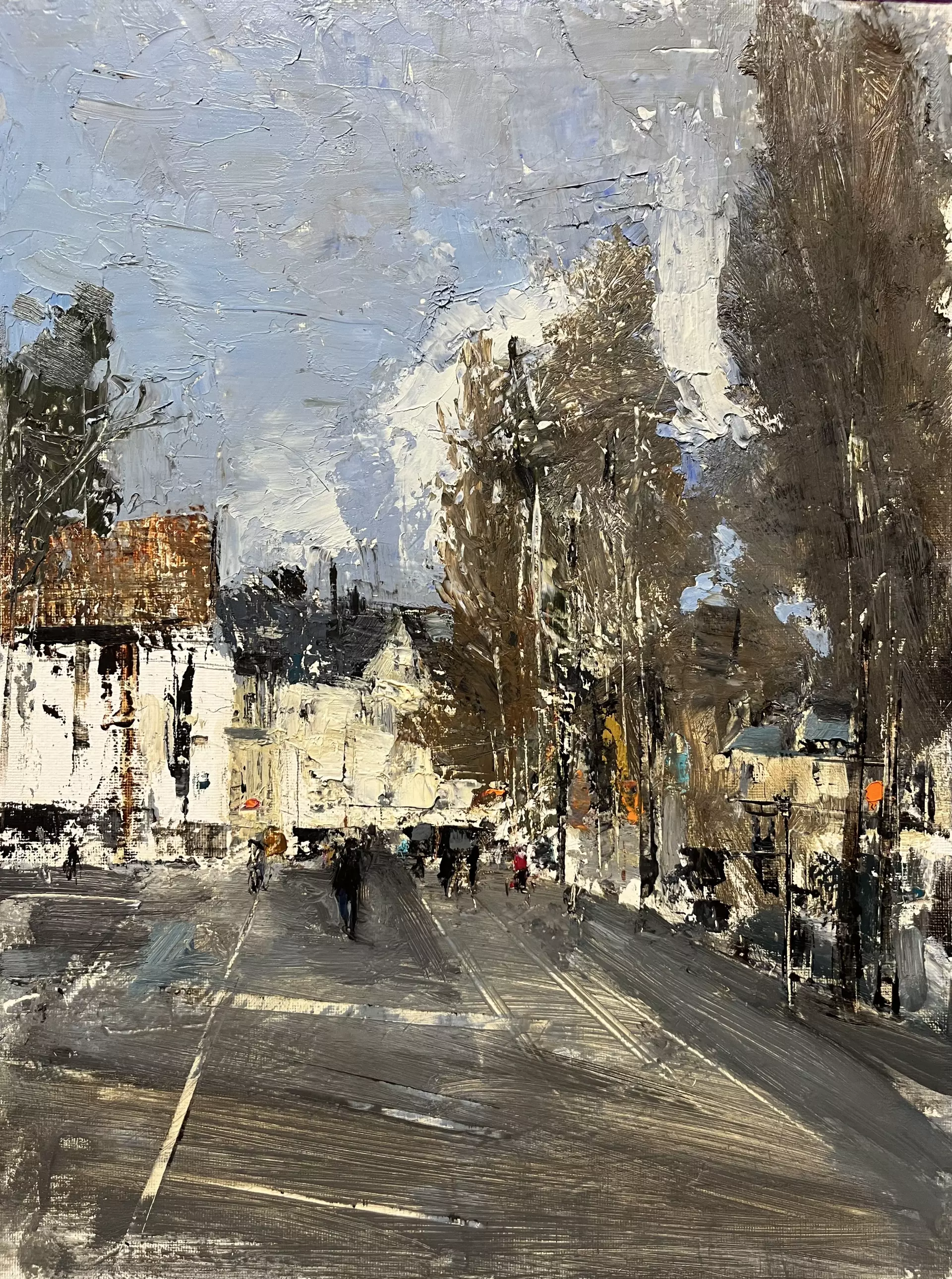 Städtische Straßenszene mit Passanten und Gebäuden in gedeckten Farben und fettem Pinselstrich, gemalt von Tammam Jaramani