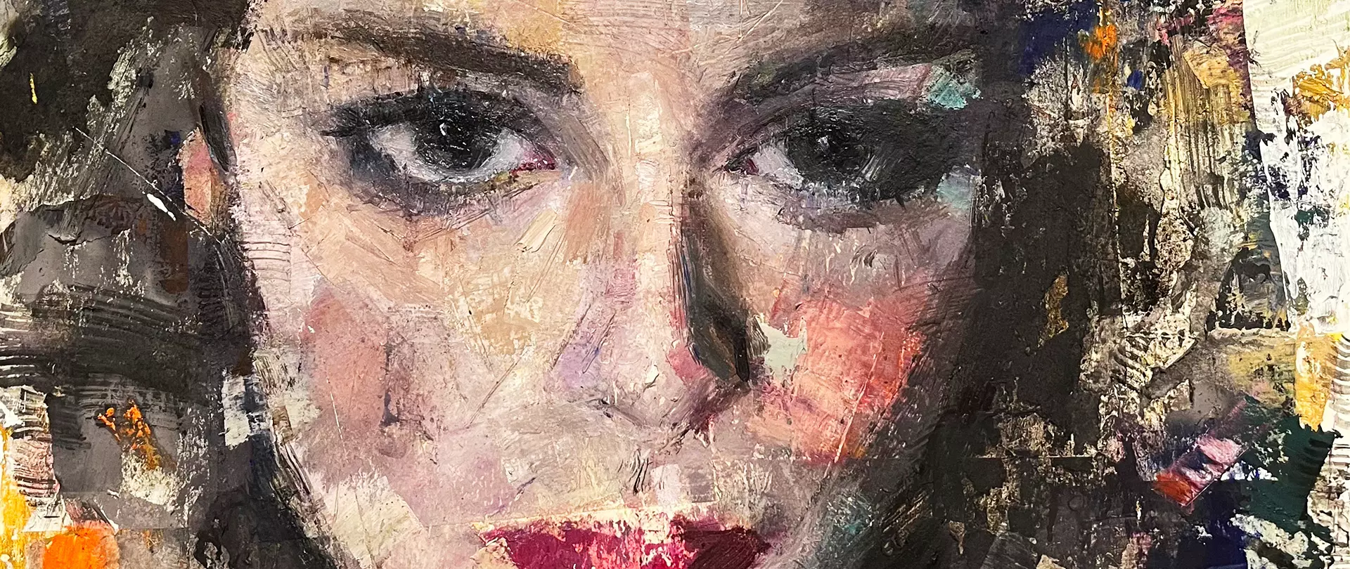 Nahaufnahme eines ausdrucksstarken Frauenporträts in malerischem Stil von Tammam Jaramani mit strukturierter Farbgebung und intensiven Blicken