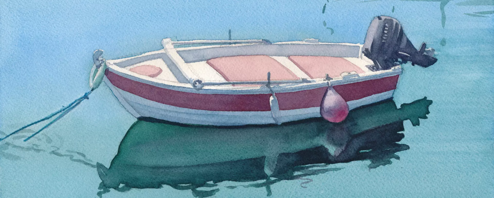 Stillleben auf dem Wasser: Bootsstudie vRotes Ruderboot mit Spiegelung im türkisfarbenen Wasser, ruhig vertäut on artistravel Dozent Thomas Haubold