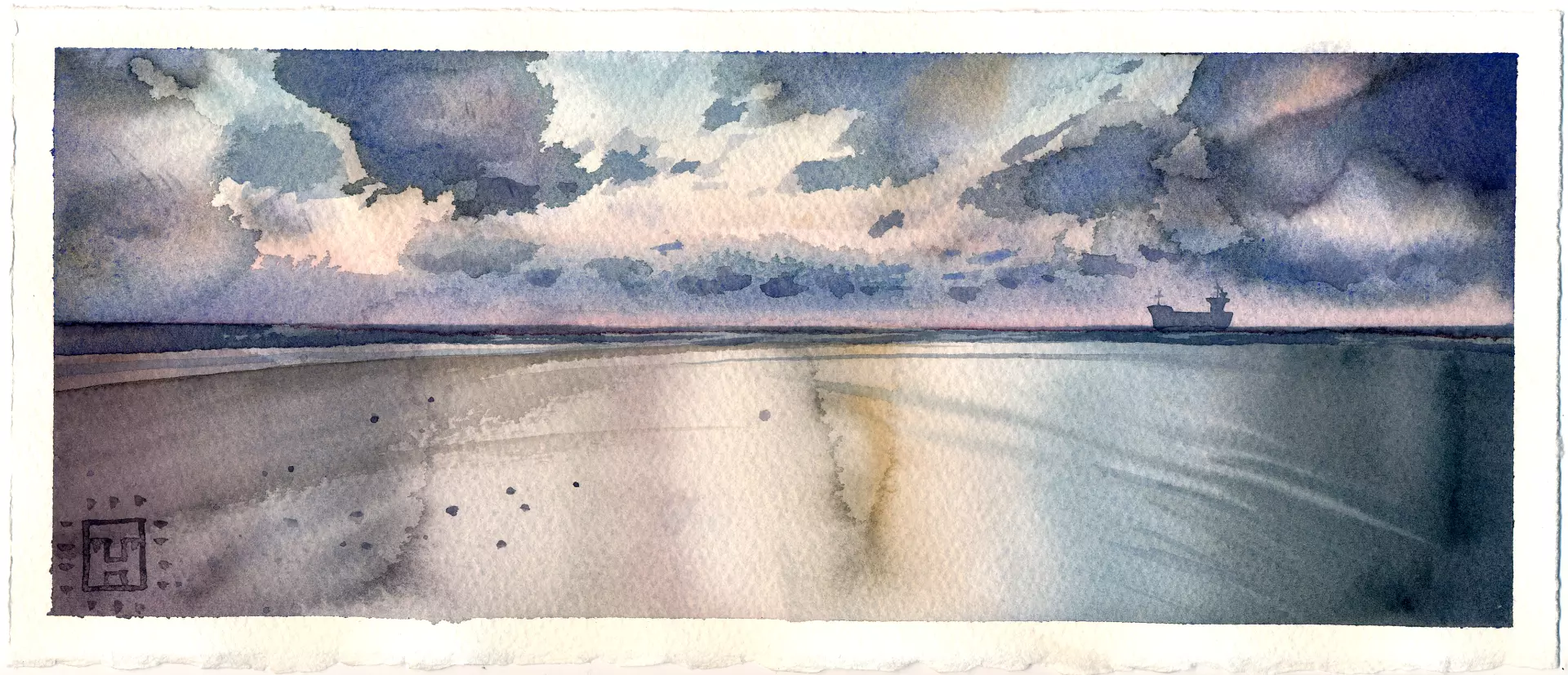 Himmel und Horizont: Weite in Aquarell Weitläufiger Strand mit dramatischer Wolkenstimmung über dem Wasser von artistravel Dozent Thomas Haubold
