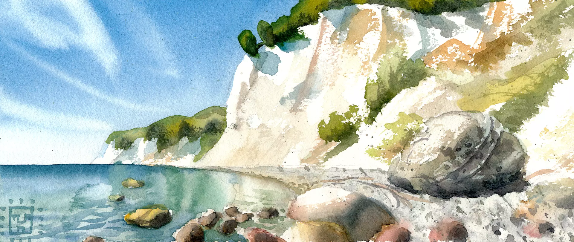 Aquarell einer Küstenlandschaft mit Kreidefelsen, klarem Meer und Felsbrocken im Vordergrund von artistravel Dozent Thomas Haubold