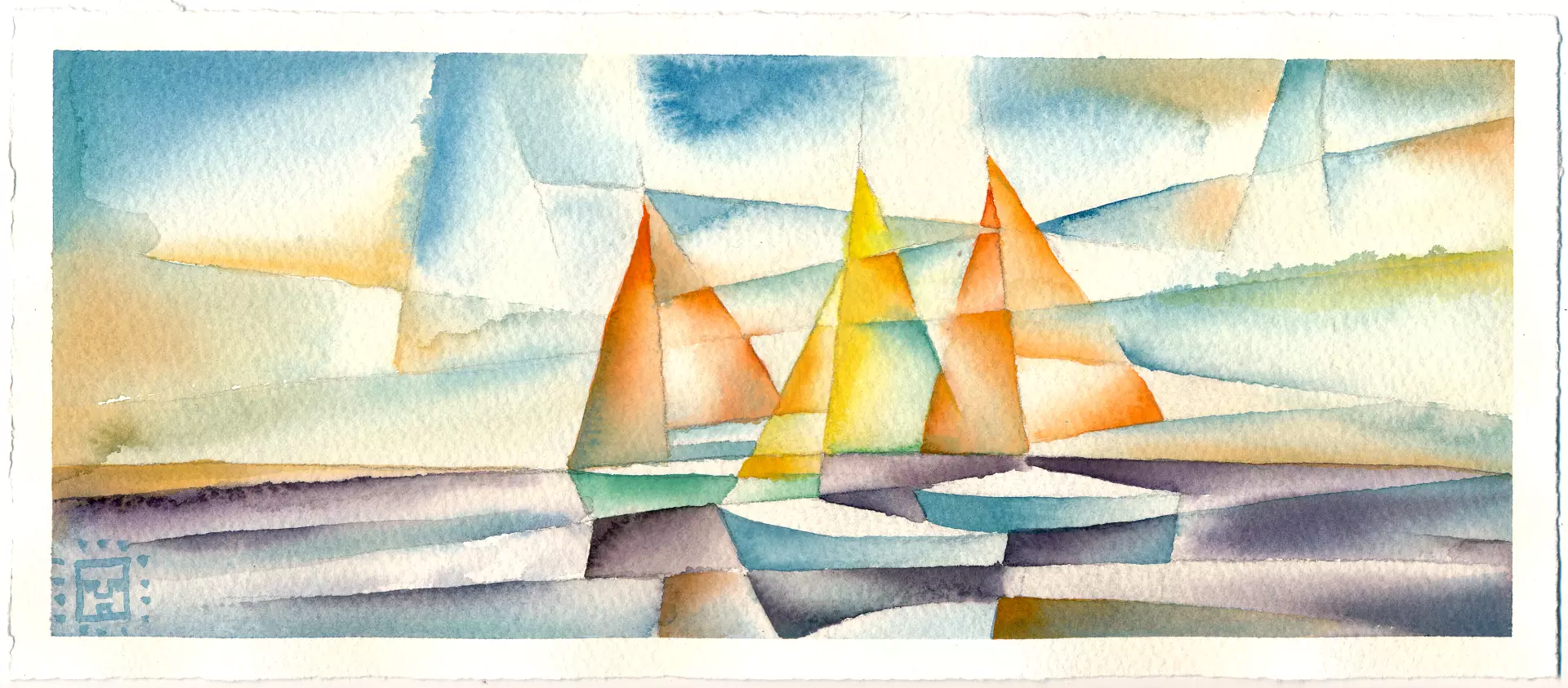 Segel und Struktur: Abstrakte Wasserlandschaft Abstraktes Aquarell mit drei bunten Segelbooten in geometrischem Stil von artistravel Dozent Thomas Haubold