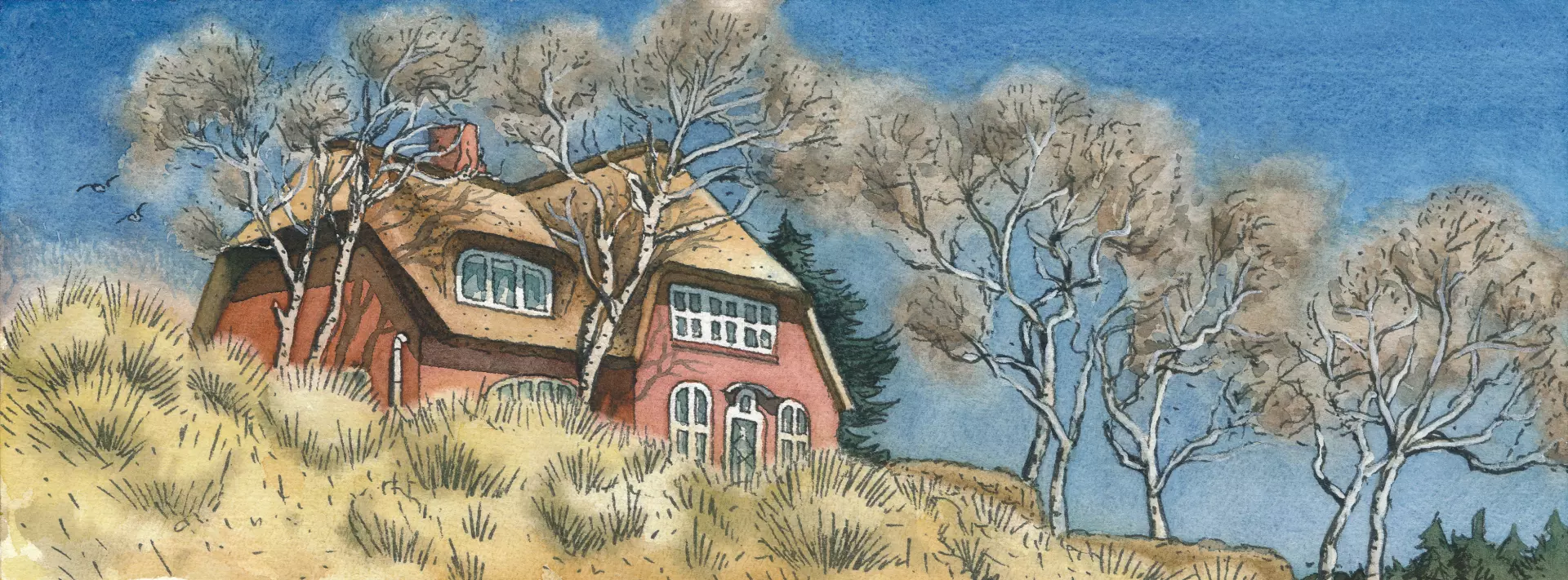 Landschaft mit Charakter: Haus im Norden Rotes Backsteinhaus in herbstlicher Landschaft mit kahlen Bäumen von artistravel Dozent Thomas Haubold