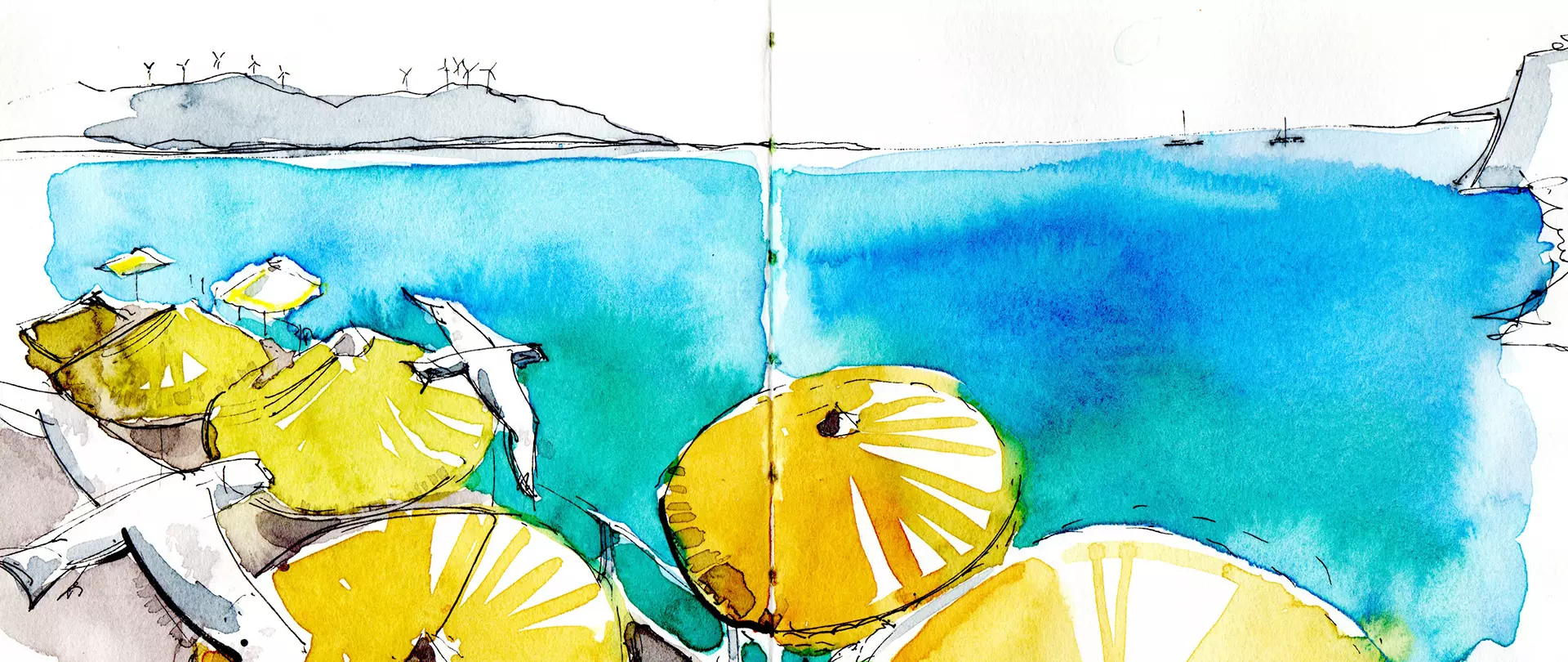 Aquarell-Skizze eines Strandes mit blauer See, gelben Sonnenschirmen und Möwen, gemalt von Tilo Schneider