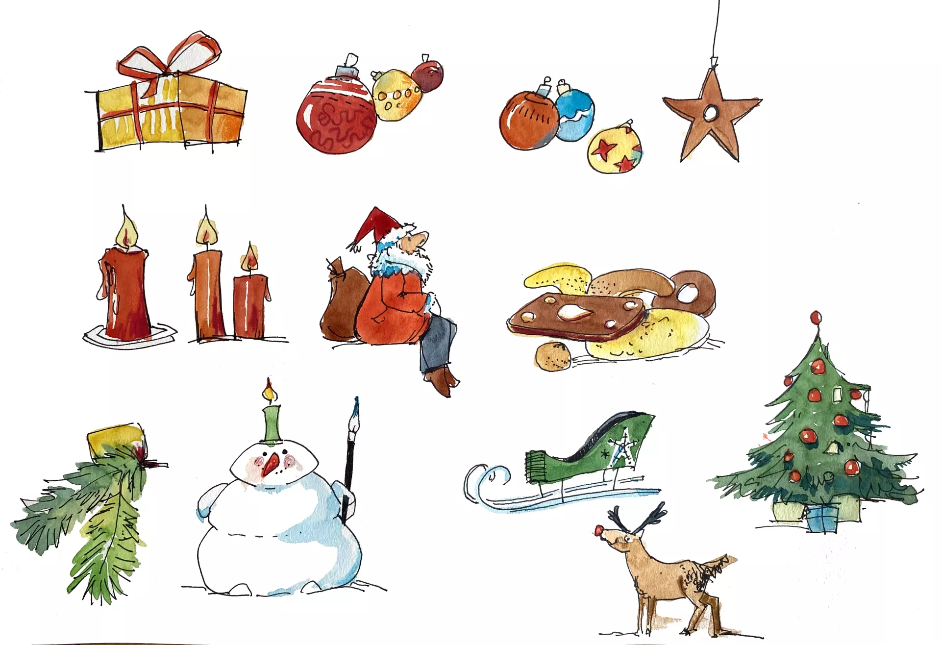 Weihnachtsstimmung in Aquarell Aquarell Zeichnung von Weihnachtsstimmung, Weihnachten, Geschenke, Schneemann in Aquarell, erstellt von Ulrike Selders - Dozentin bei artistravel