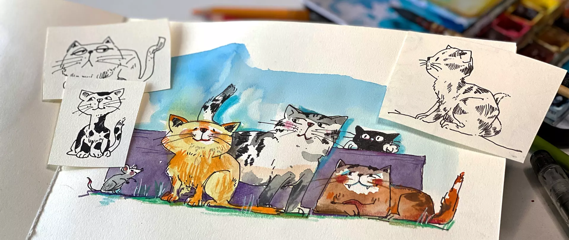 Tiere in Aquarell sketchen Aquarell Zeichnung von Katzen, Katzen in Aquarell, erstellt von Ulrike Selders - Dozentin bei artistravel