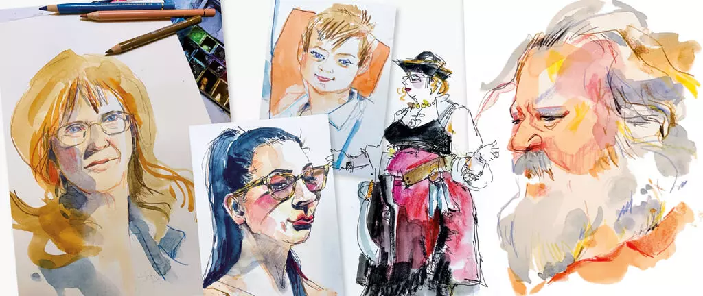 Gesichter in Aquarell sketchen Aquarell Zeichnung von Gesichtern, Portrait in Aquarell, erstellt von Ulrike Selders - Dozentin bei artistravel