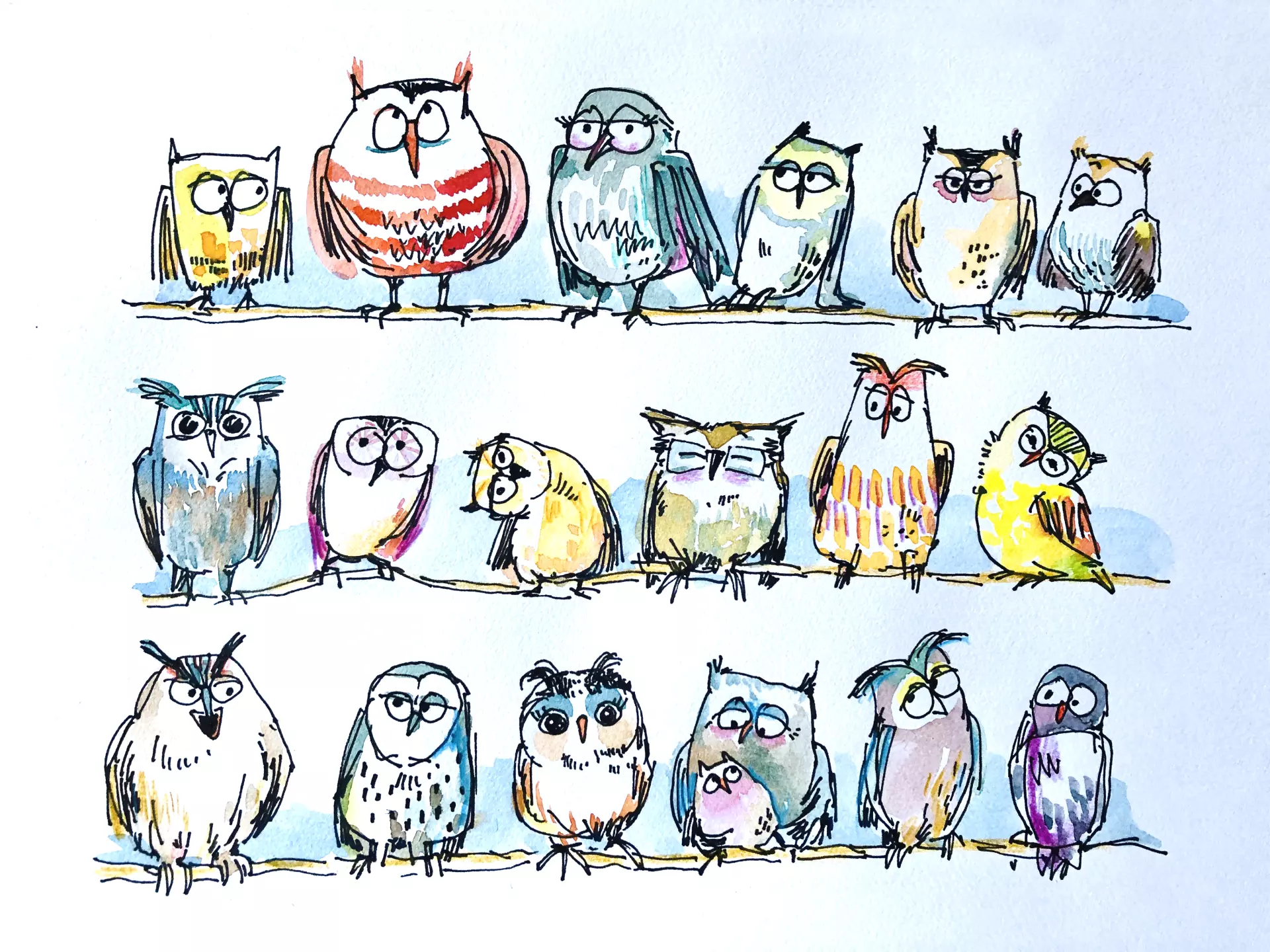 Eulen in Aquarell Aquarell Zeichnung von Vogel, Taube, Eule, Vogel, Taube, Eule in Aquarell, erstellt von Ulrike Selders - Dozentin bei artistravel