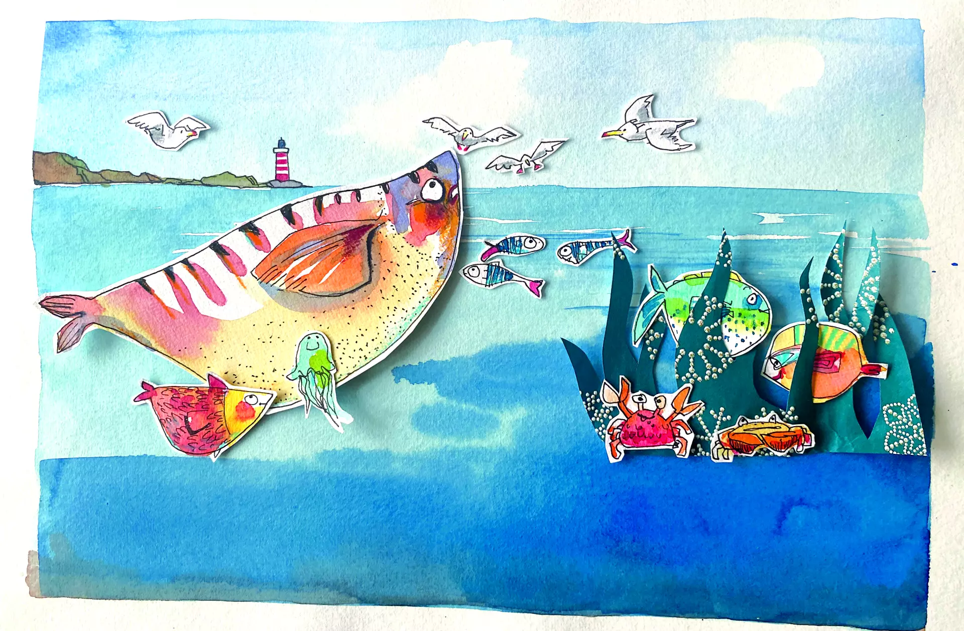 Bunte, humorvolle Unterwasser-Szene mit Fischen, Krebsen und Möwen, gestaltet von Ulrike Selders mit lebendigen Aquarellfarben und verspieltem Strich
