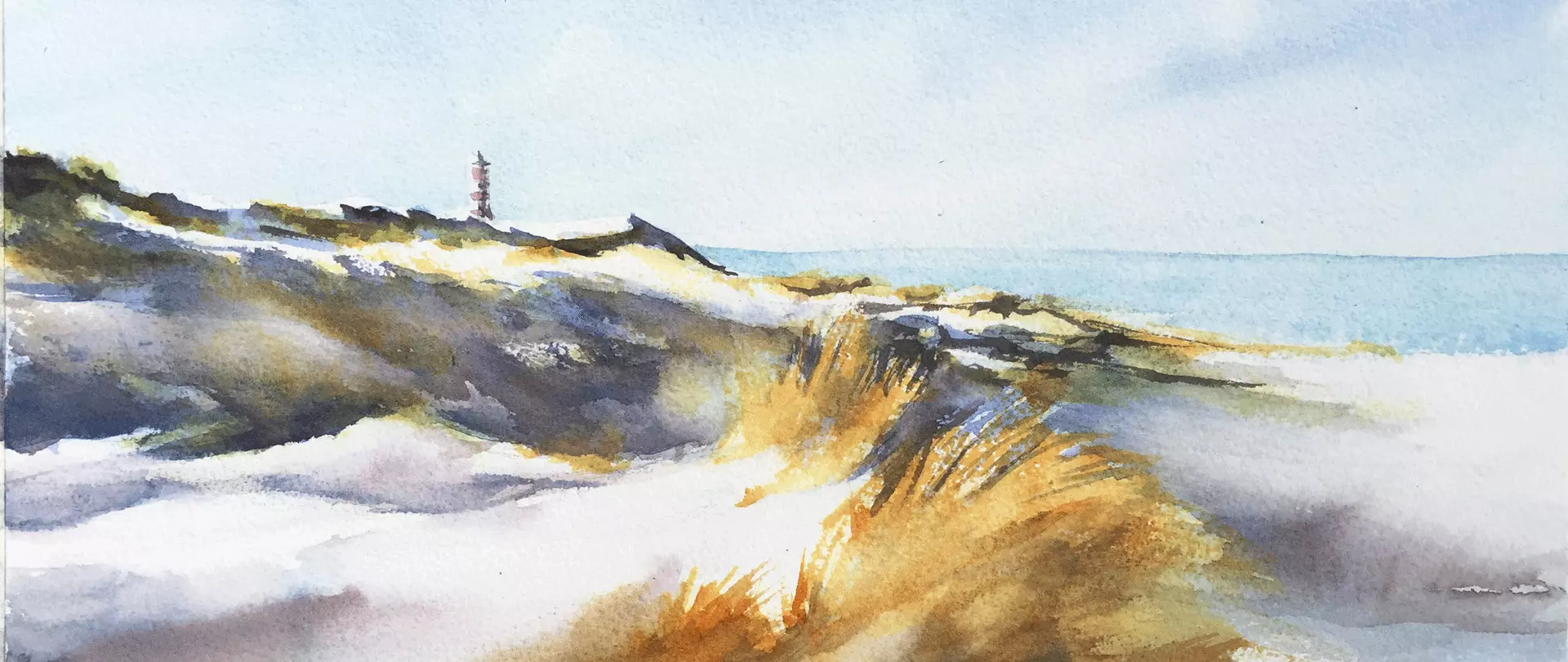 Dynamische Dünenlandschaft mit Windbewegung, Aquarell in Blau, Beige und Violett – Ulrike Walther, Dozentin bei artistravel