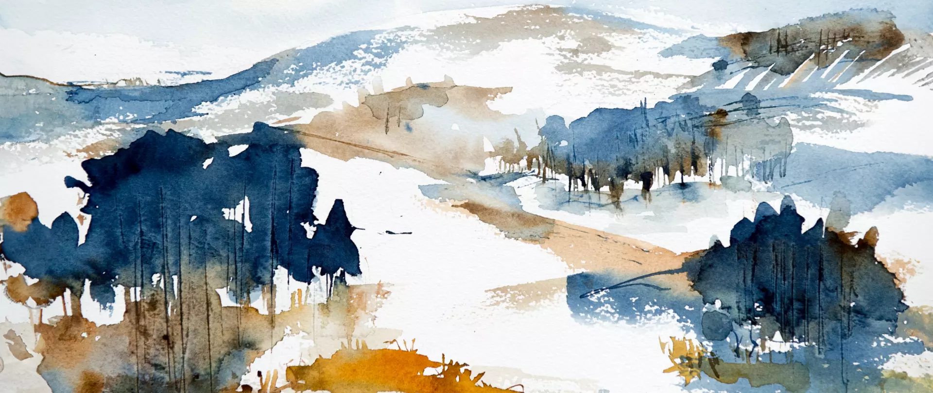 Aquarellbild mit Bäumen in einer Landschaft, erstellt von Ute Averkamp – Dozentin bei artistravel
