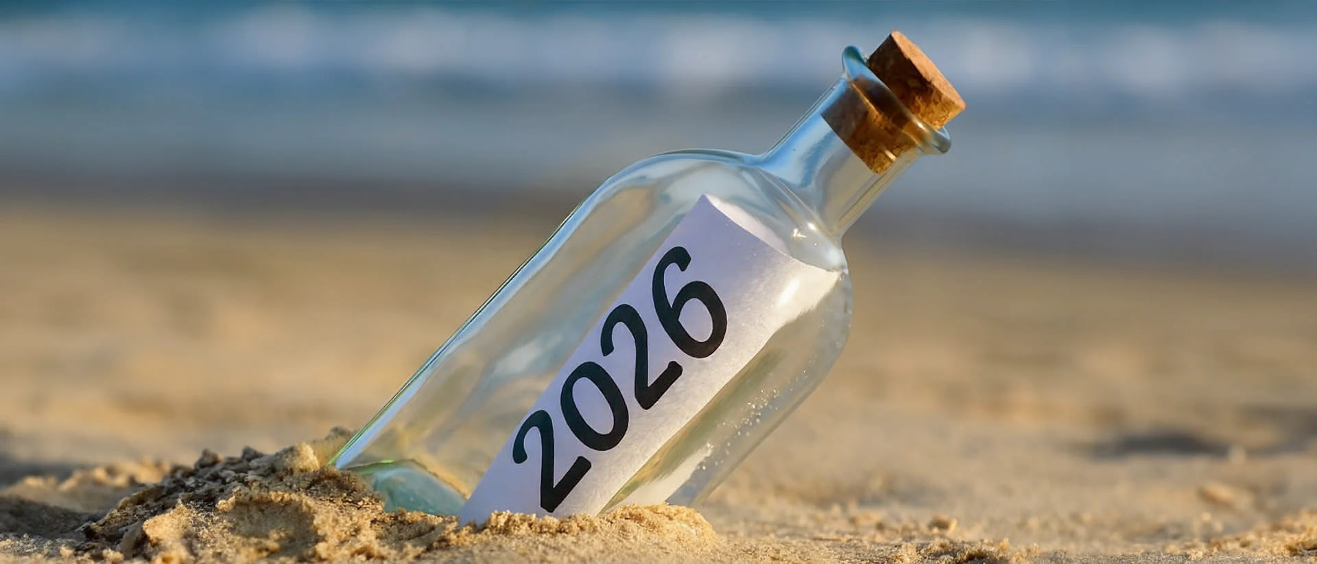 Flaschenpost steckt im Sand eines Strandes, darin ein Zettel mit der Aufschrift "2026"