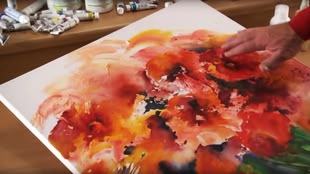Aquarell auf Leinwand, malen lernen, Werk: Schmincke Ein Foto von Schmincke: Auf einer Oberfläche liegt eine Leinwand, auf der mit roter Farbe verschiedene Elemente gemalt wurden.