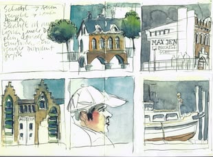 Collage aus verschiedenen Bildern, die von Peter Koch skizziert wurden und die unterschiedlichen Arten des Urban Sketching repräsentieren. 