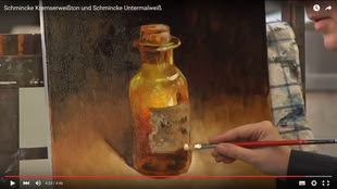 Ölmalerei Öl malen lernen untermalen Werk: Schmincke Screenshot aus dem unten angegebenen Youtube Video in dem das Untermalen mit Kemserweißton und dem Untermalweiß von Schmincke präsentiert wird.