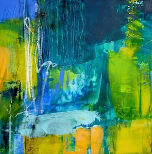 Ein abstraktes Acrylbild von Angelika Biber, das hauptsächlich in grün,blau und gelb gehalten ist.