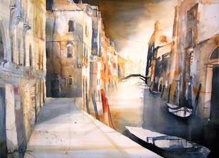 Marika Fünffingers Aquarellmalerei repräsentiert eine Straße in Venedig.