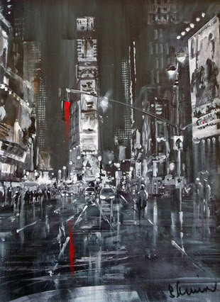 Das Werk von Bernd Klimmer stellt eine typische abendliche Straßenszene New Yorks in Form von der Froschperspektive dar.