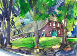 Auf dem Aquarellbild von Jutta Höfs wird das Rathaus in Worpswede dargestellt.