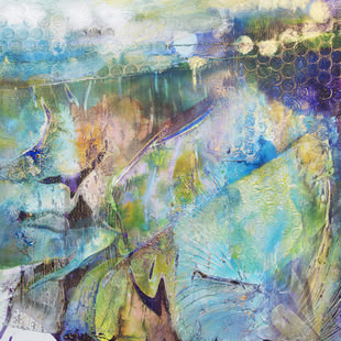 Abstraktes Acrylbild, das von Brigitte Waldschmidt gemalt wurde und bei dem verschiedene Druckverfahren angewendet wurden.