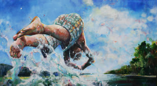 Eine Acrylmalerei von Bettina Bülow-Böll zeigt eine Person, die in einen See springt.