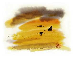 Aquarell malen lernen, Kreativurlaub, Werk: Jens Hübner Ein Aquarellbild von Jens Hübner, in dem Zugvögel auf einem gelb-orangen Hintergrund dargestellt werden.