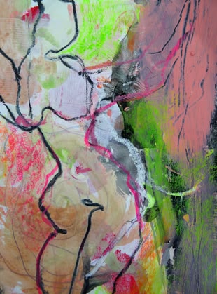 zeichnen lernen, Kreativurlaub - Werk: Angelika Biber-Najork Abstraktes Werk von Angelika Biber-Najork, das mit verschiedenen Farben und Techniken angefertigt wurde.